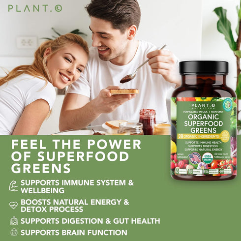 Plant.O Organic Super Greens - High Absorption Antioxidants from Green Powder for Immune Support, 60 Veggie Tablets