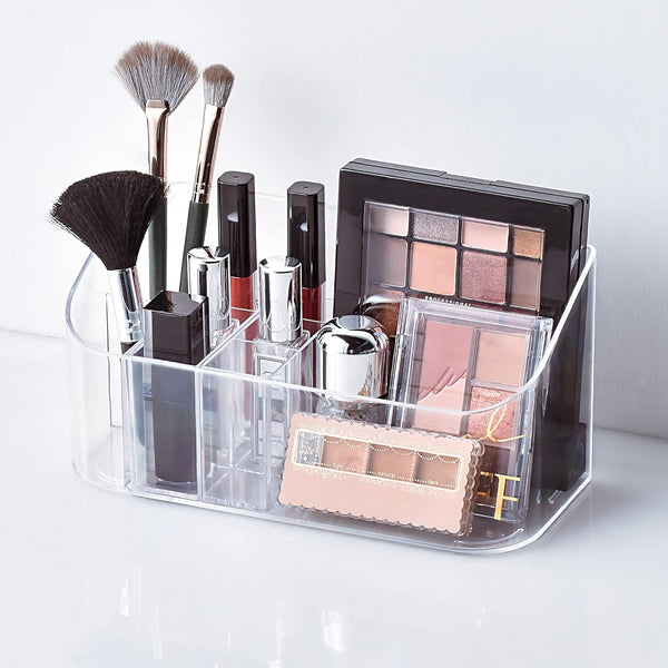 YOHOM Small Clear Makeup Organizer Tray, 9-Compartments Vanity Cosmetic Brush Holder Storage Box with 2 Dividers
