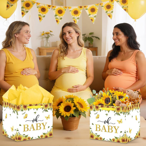Woosytoo 12" Extra Large Sunflower Baby Gift Bags, Yellow Sunflower Square Gift Bag with Wrapping Paper Jumbo Gifts Bag
