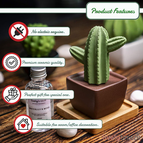 Maxi Cactus, Non-Electric Ceramic Diffusers for Essential Oils and Aromatherapy Fragrance, White Ceramic Diffusers