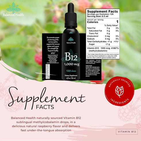 B12 1,000 mcg, 2oz, 120 Servings, Raspberry Flavor Sublingual Drops