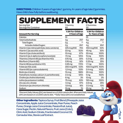 The Smurfs Kids Multivitamin Gummies with 15 Daily Vitamins and Minerals for Growth & Development | Made with Real Fruit in a Smurf Berry | Delicious, Doctor Developed & Non-GMO Formula | 60 Gummies