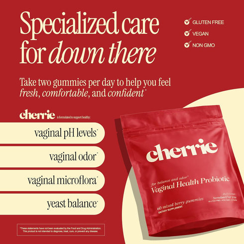 Gummies 60 Count CHERRIE Vaginal Probiotic for Women, Balanced pH, Healthy Odor, Yeast Balance & Flora Support