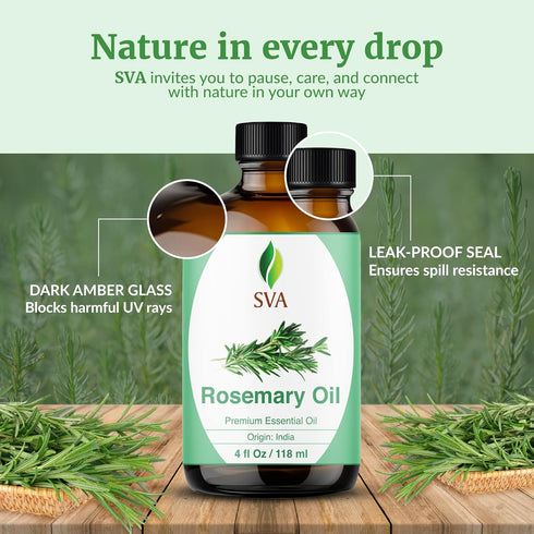 SVA Rosemary Essential Oil, 4 Fl Oz, 100% Natural for Hair, Face, Skin Care, Diffuser, Aromatherapy
