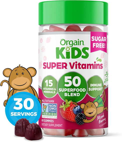 Orgain Kids Sugar Free Multivitamin Gummies, Vegan, 50 Superfoods, 15 Vitamins, Mixed Berry, 60 Gummies