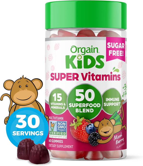 Orgain Kids Sugar Free Multivitamin Gummies, Vegan, 50 Superfoods, 15 Vitamins, Mixed Berry, 60 Gummies