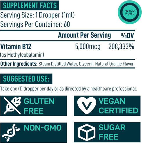 Vegan Vitamin B12 Liquid Drops - Fast-Acting 60 x 5000mcg Methylcobalamin Supplement - Energy, Memory, Mood Support -