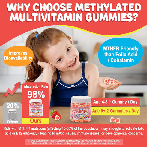Gummies D3, B12 B6, K2, 4+, 60 Kids Multivitamin + Calcium, Probiotics, Vitamin C, Methylated & Methylfolate, A, E