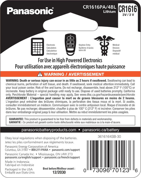 Panasonic CR1616 3.0 Volt Long Lasting Lithium Coin Cell Batteries in Child Resistant, Standards Based Packaging, 4-Battery Pack