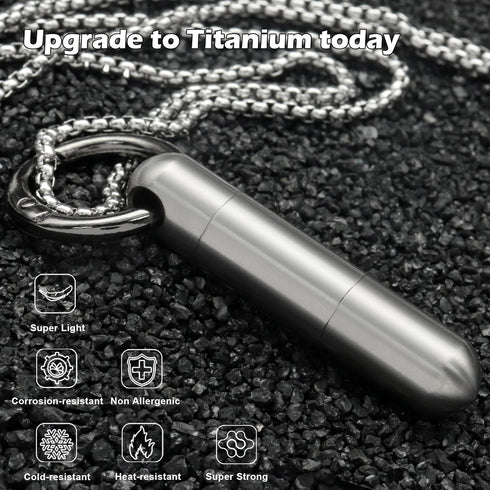 Extended Small Pill Case Necklace, Titanium Mini Pill Container with Chain, Waterproof Holder for Emergency Aspirin