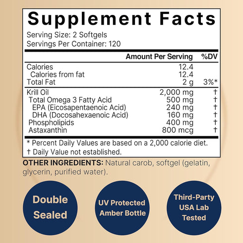 Antarctic Krill Oil 2000mg Supplement, 240 Softgels, 3X Strength Natural Source of Omega-3s, EPA 240mg + DHA 160mg + Astaxanthin 800mcg – No Fishy Aftertaste – Mercury Free & Non-GMO