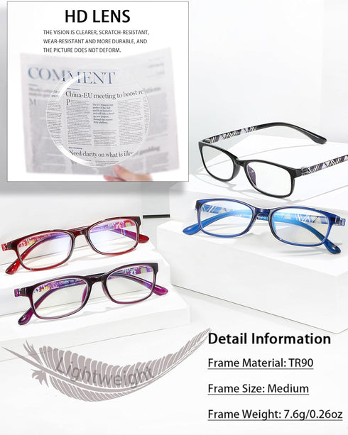 EYEURL Lightweight Flexible Reading Glasses for Women - +1.75 Magnification, Blue Light Blocking, Hard Case