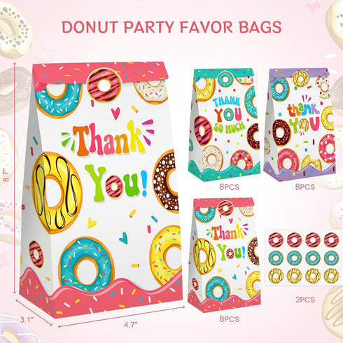 VGOODALL 24PCS Donut Party Favor Bags, Paper Gift Bags Goodie Bags with Stickers Candy Bags for Kids Birthday Party