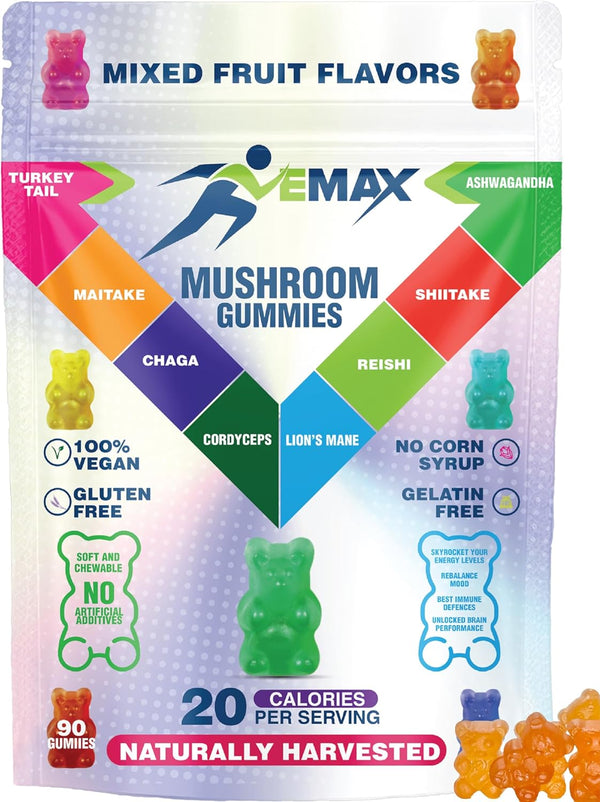 Vemax Ashwagandha and Lions Mane Mushroom Gummies for Adults - Organic - Reishi,