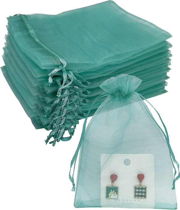 100PCS Teal Sheer Organza Bags 5''X7'', Drawstring Jewelry Gift Bags for Baby Shower Wedding Party Favor Pouch Goodie
