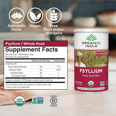 ORGANIC INDIA Psyllium Herbal Powder - 12 oz Canister Whole Husk Fiber, Healthy Elimination, Vegan & Gluten-Free