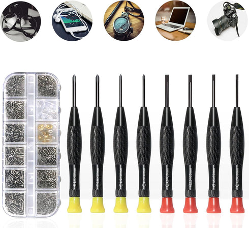 Eyeglass Repair Kit with Glasses Screws, Precision Screwdriver, Nose Pads, Cleaning Cloth, Tweezers