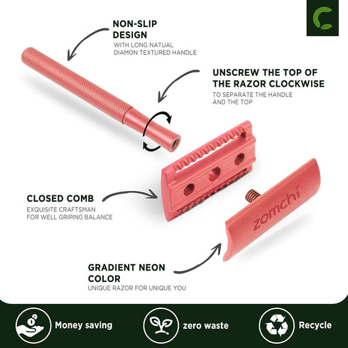 ZOMCHI Single Blade Double Edged Safety Razor with 5 Safety Razor Blades, Metal Razor for Men & Women, Single Blade Eco Razor – Light Coral