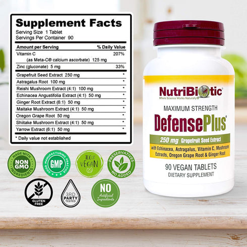 NutriBiotic – DefensePlus, 90 Tablets - 11 in 1 Immune Support with Vitamin C, Zinc, Echinacea, Vegan & Gluten Free