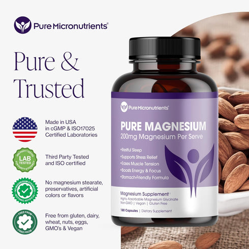 Pure Magnesium Glycinate Supplement – 200mg, 180 Capsules for Sleep, Muscle, Nerve & Bone Health