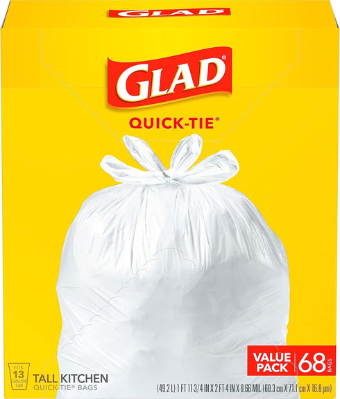 Glad Trash Bags, 13 Gallon Tall Kitchen Quick-Tie Garbage Bags, 68 Count, White, Pack May Vary