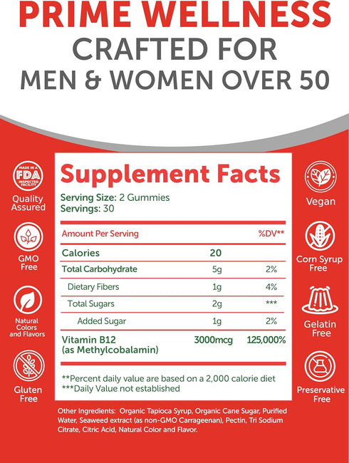 Lunakai Vitamin B12 Gummies for Adults 50 Plus - Delicious Energy & Vitality Boost, High Strength B12, 60ct