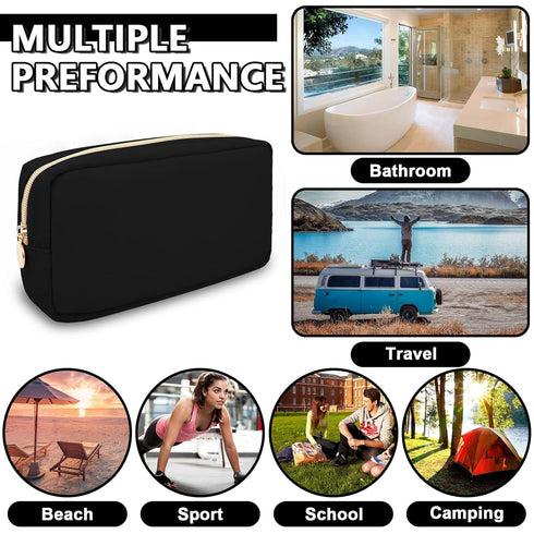 Waterproof Small Makeup Bag Pouch for Purse, Cute Preppy Nylon Travel Toiletry Storage Bag for Women, Small-Black