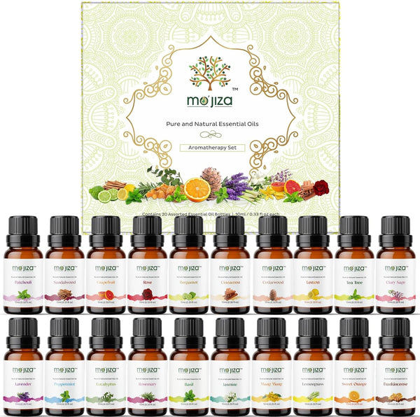MO'JIZA Pure Aromatherapy Essential Oils Gift Set, 20 Oils-Sandalwood, Rose, Bergamot, Patchouli,