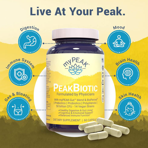 PeakBiotic Vegan Synbiotic with 50 Billion CFU Probiotics, Prebiotics, Postbiotics, 60 Capsules for Gut Health