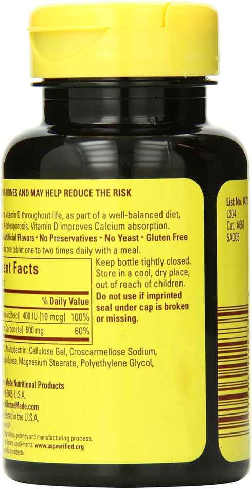 Nature Made Calcium 600 mg with Vitamin D3, 60 Count Tablets, Pack of 3