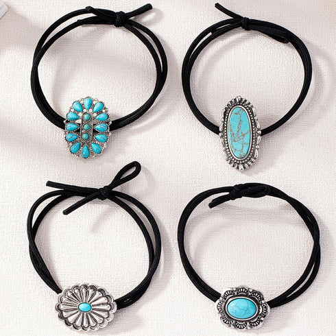Western Turquoise Decorative Hair Ties for Women and Girls, Bohemian Ponytail Holders (4 Pcs)