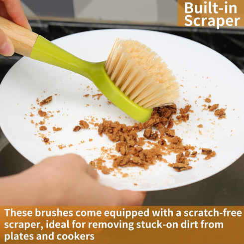 2 Pack Kitchen Dish Brush with Bamboo Handle, Built-in Scraper Scrub Brush for Pans, Pots, and Kitchen Sink Cleaning,