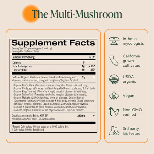 Om Master Blend Organic Mushroom Powder 3.17 oz (40 Servings) with 10 Mushrooms & Ashwagandha for Immunity