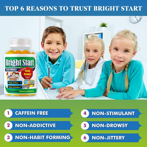 BrightStart Brain Focus Vitamins for Kids & Teens, Omega 3 Supplement, Focus Booster Nootropic Support, 60 Gummy