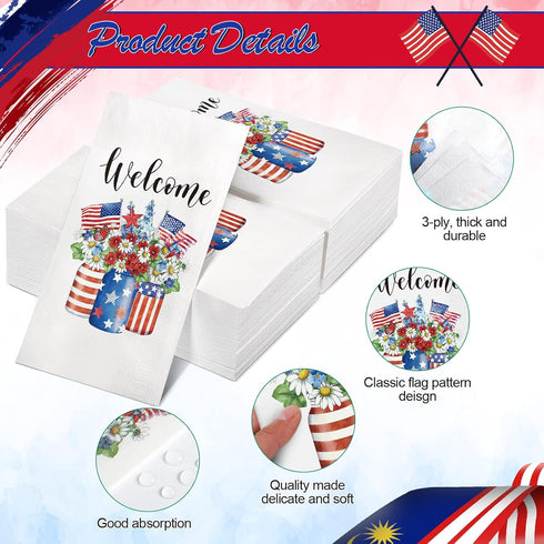 Yisong 100 4th 4th 3 Pieces of July Napkins Independence Day Paper Guest Towels Disposable Memorial Day Hand Towels
