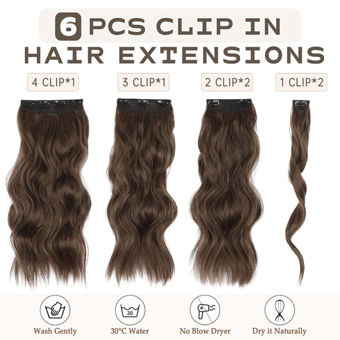 Vigorous Clip in Hair Extensions 20 Inch, 6 Pcs Long Wavy Hairpieces in Medium Brown