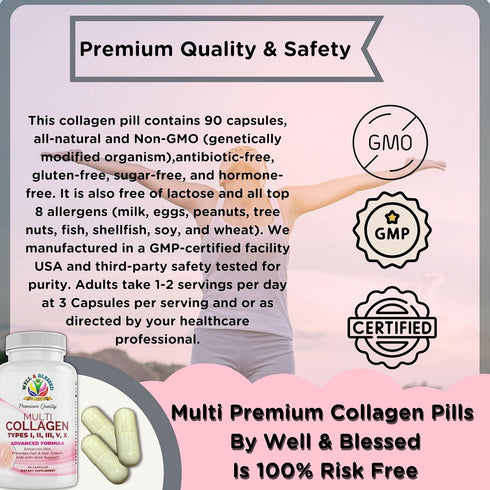 Multi Premium Collagen Supplements for Women with Vitamin C, E - Anti Aging Skin Care, 90 Capsules