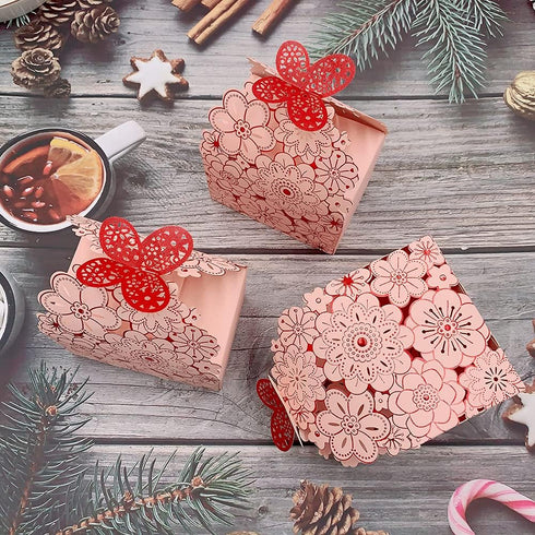 Party Favor Boxes - Flower Butterfly Candy Boxes, Laser Cut Pink Gift Boxes for Wedding, Bridal Shower, Birthday Party