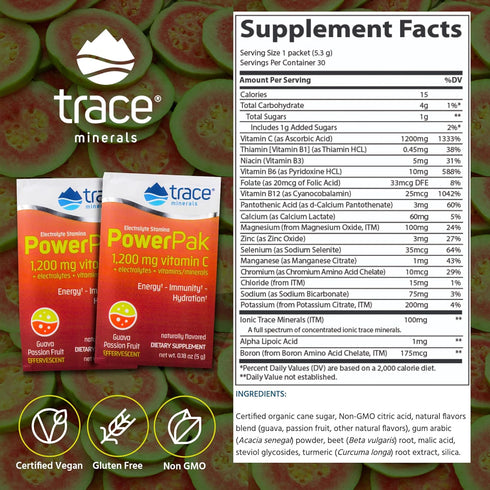 Trace Minerals Power Pak Electrolyte Powder Packets, 1200 mg Vitamin C, Guava Passionfruit, 30 Packets