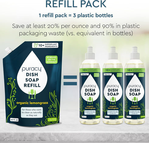 Puracy Natural Dish Soap Refill, Organic Lemongrass, 48 Oz, Skin-Softening Plant-Based Detergent