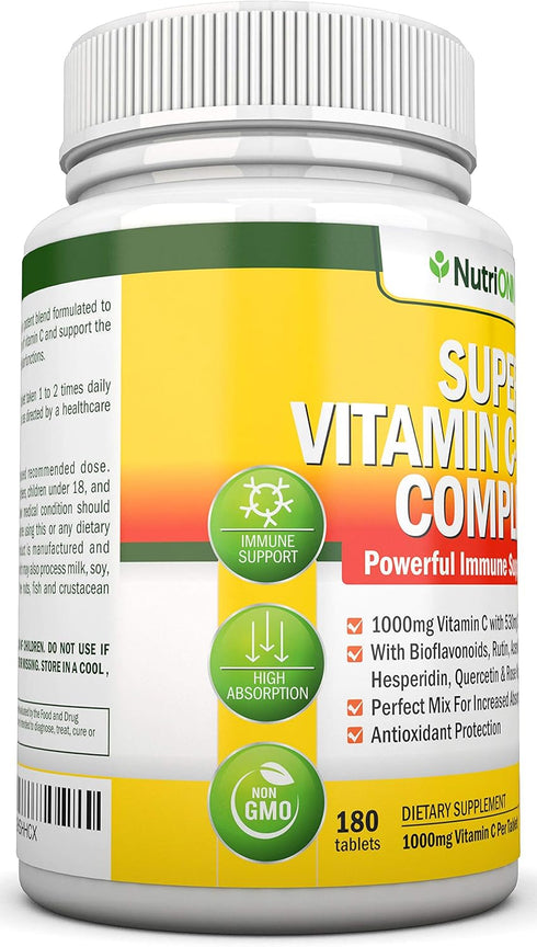 Super Vitamin C Complex - 1695Mg - 180 Tablets - with 530 mg Natural Citrus Bioflavonoids, Rose Hips, Rutin, Quercetin