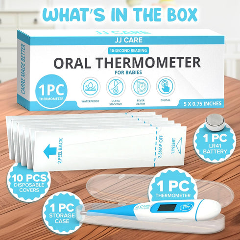 JJ CARE Oral Thermometer with LCD Display, Fast 10 Seconds Reading for Babies and Adults, Includes 10 Covers