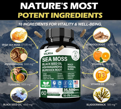 16-in-1 Organic Sea Moss 7000mg, Ashwagandha 2000mg, Black Seed Oil 4000mg, Turmeric, Vitamin C & D3 for Overall Health