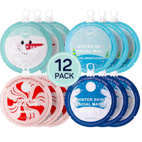 SpaLife Winter Skin Facial Mask 12-Count Set - Moisturizing and Hydrating Sheet Masks