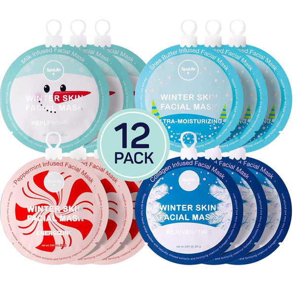 SpaLife Winter Skin Facial Mask 12-Count Set - Moisturizing and Hydrating Sheet Masks