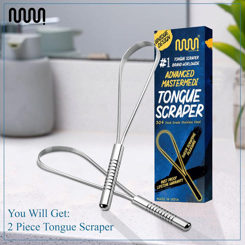 MasterMedi Tongue Scraper for Adults, 100% Stainless Steel Tongue Cleaner, Easy to Use, Pack of 2