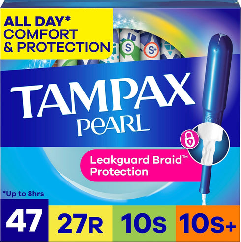 Tampax Pearl Tampons for Women Multipack, with LeakGuard Braid, Regular/Super/Super Plus Absorbency,