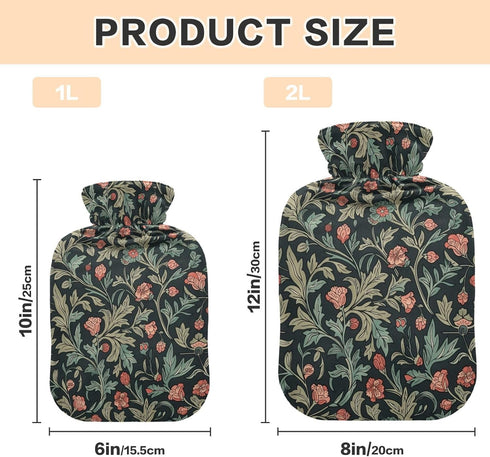 YNNALE 2Liter Retro Sage Green Red Floral Hot Water Bottle with Cover, Soft Velvet Winter Warm Water Bag for Neck