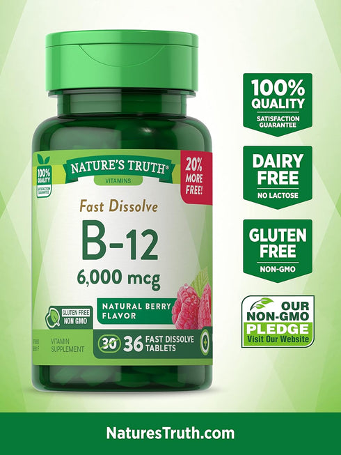Nature's Truth B12 Vitamin 6000 mcg, 36 Tablets - Fast Dissolve Natural Berry Flavor, Vegetarian, Non-GMO