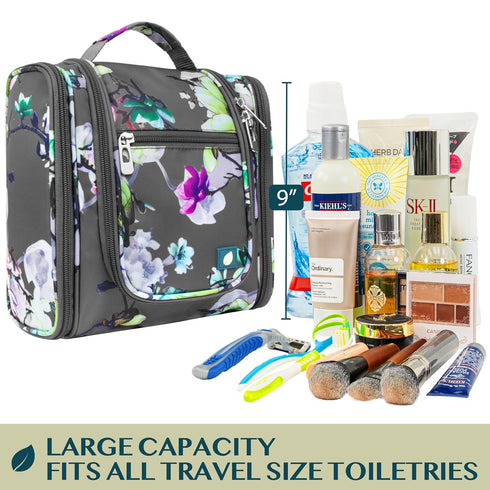 PAVILIA Travel Toiletry Bag for Women Men - Hanging Cosmetic Organizer, Large Water Resistant Makeup Bag (Floral Grey)